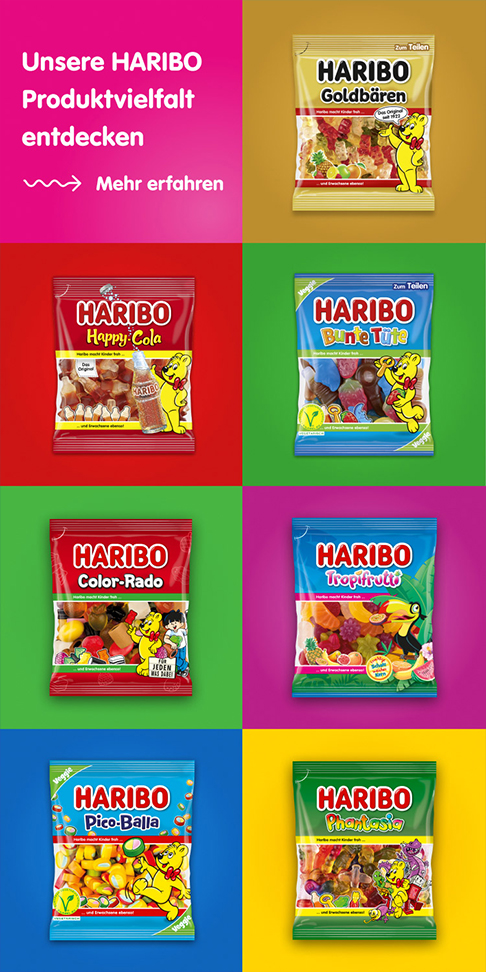 Unsere HARIBO Produktvielfalt entdecken; HARIBO Goldbären, HARIBO Bunte Tüte, HARIBO Happy Cola, HARIBO Color-Rado, HARIBO Pico-Balla, HARIBO Tropifrutti, HARIBO Phantasia